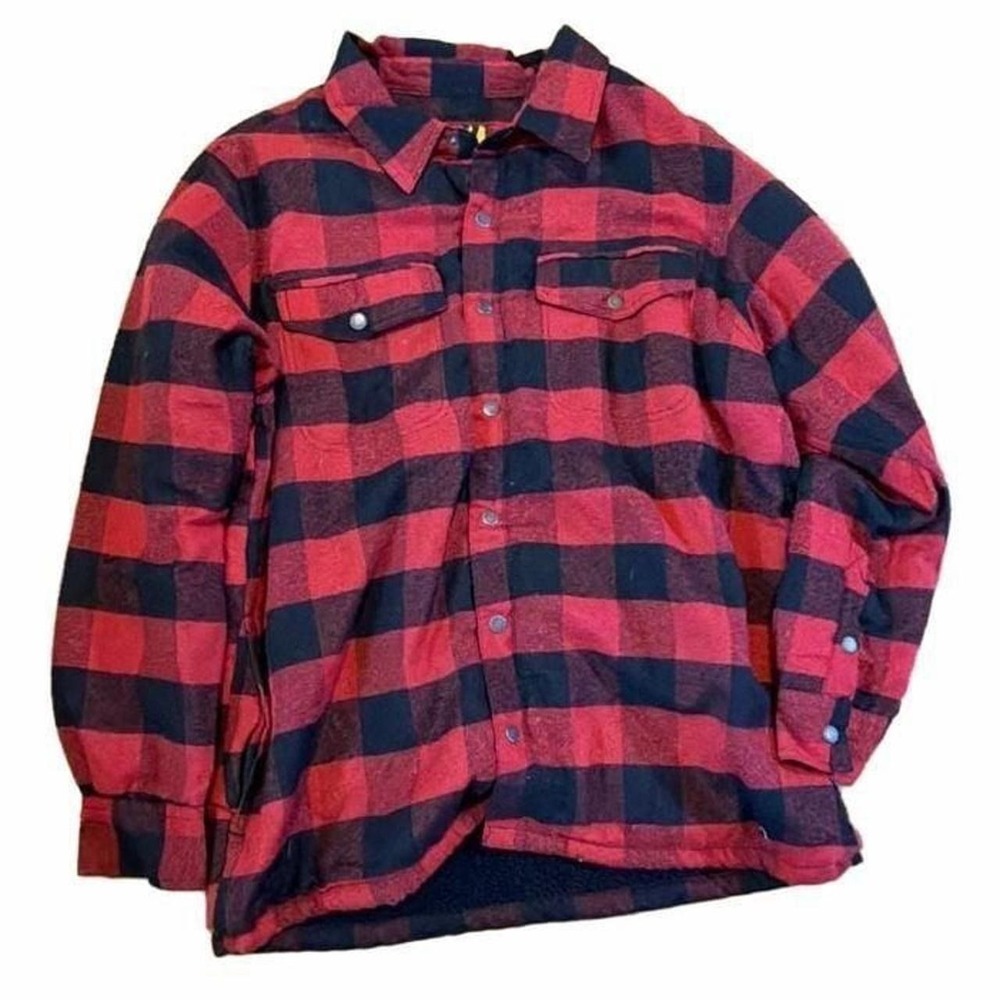 Work Zone Red Black Buffalo Plaid Sherpa Lined Flannel Shirt Jacket Mens Medium